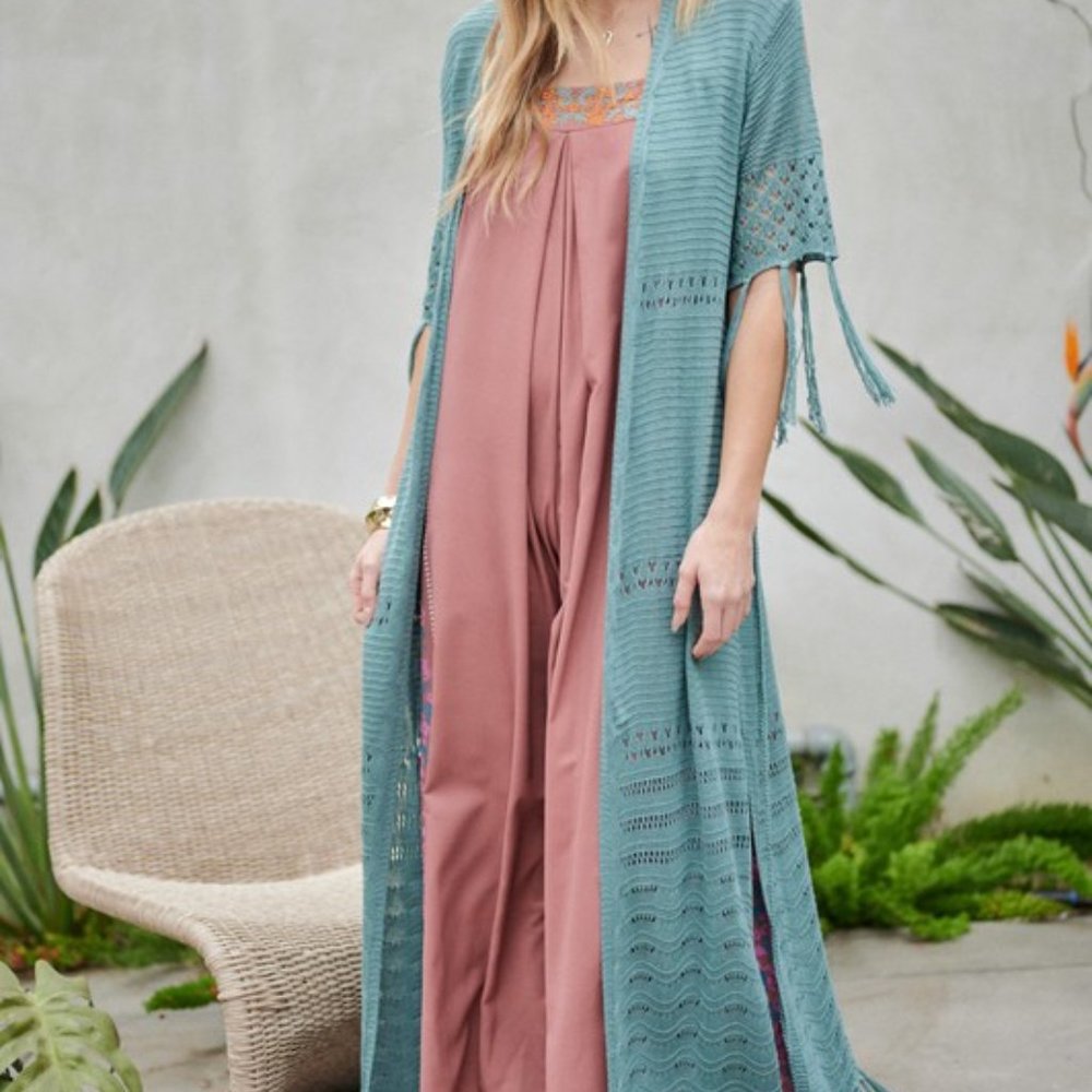 Crochet Long fringe cardigan with rope tassel self belt- SAGE *SIZE S/M - Picture 4 of 4